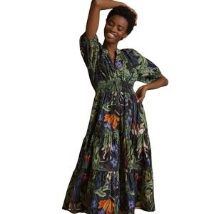Anthropologie conditions apply Floral Print Midi Dress Smocked Waist Puff Sleeve